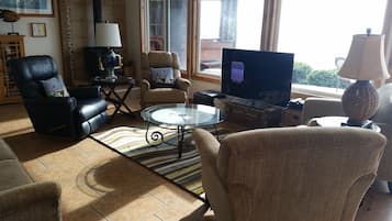 TV, fireplace, DVD player, books