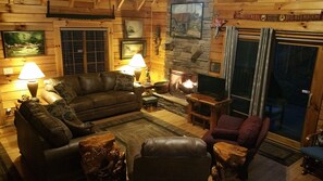 Big Rock Log Cabin Great Room with Fireplace