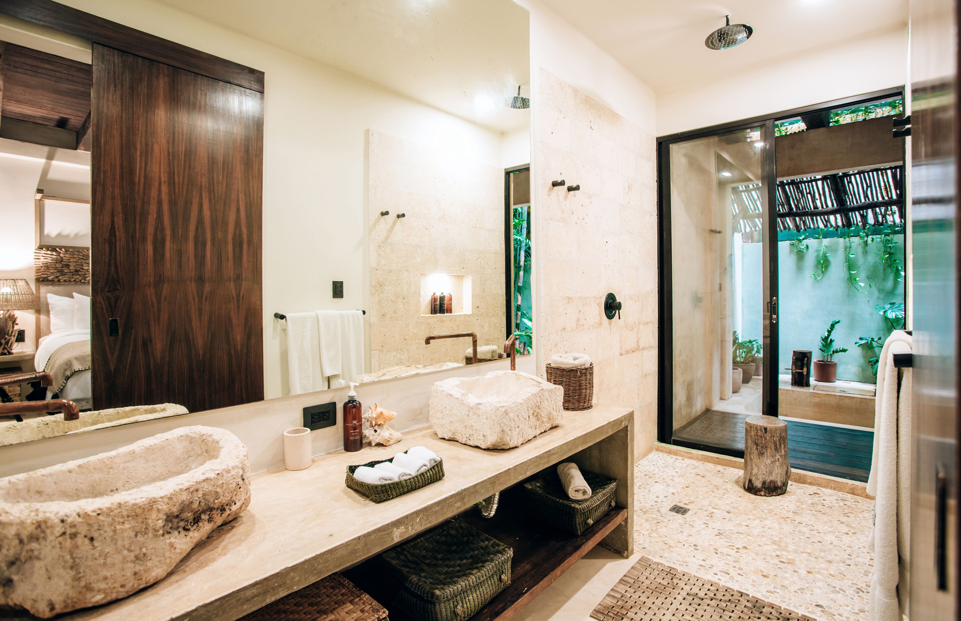 garden suite w/private bathtub | bathroom | shower, rainfall showerhead, hair dryer, towels