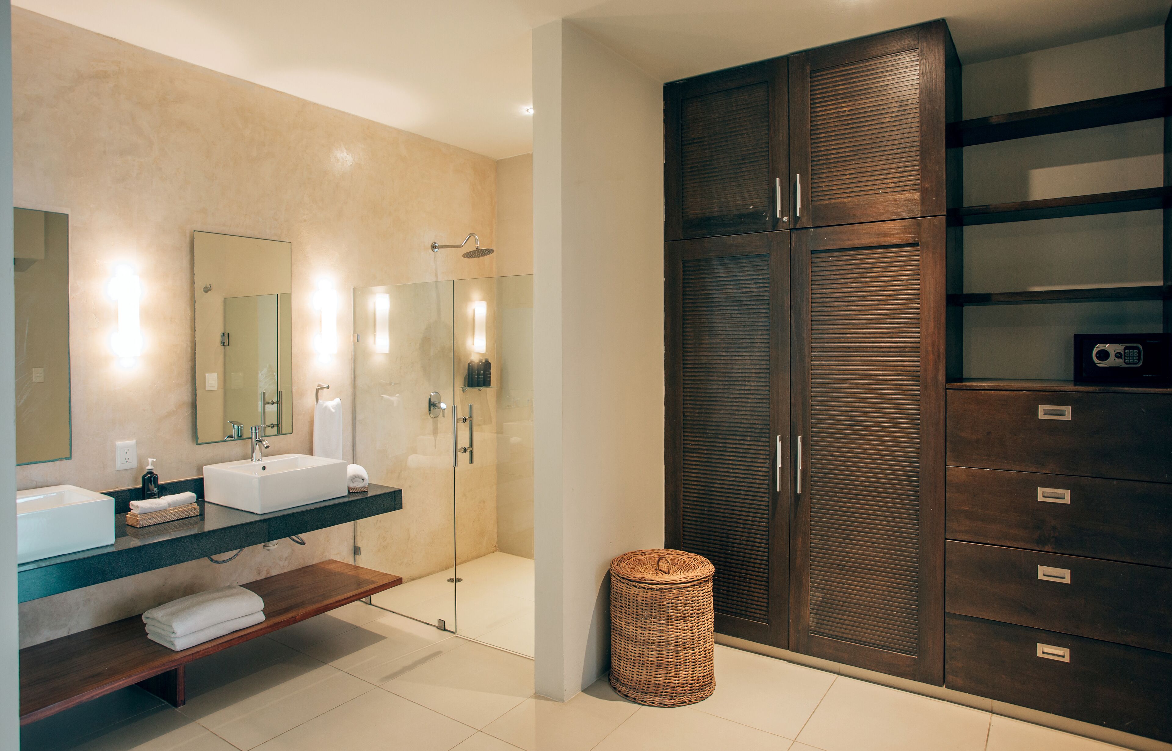 deluxe double room | bathroom | shower, rainfall showerhead, hair dryer, towels