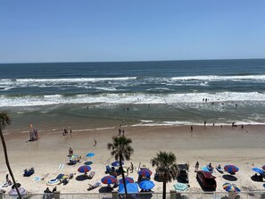 On the beach, sun loungers, beach towels