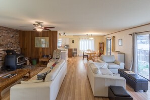 TV, caminetto, libri