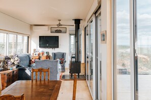 TV a schermo piatto, caminetto, lettore DVD, libri