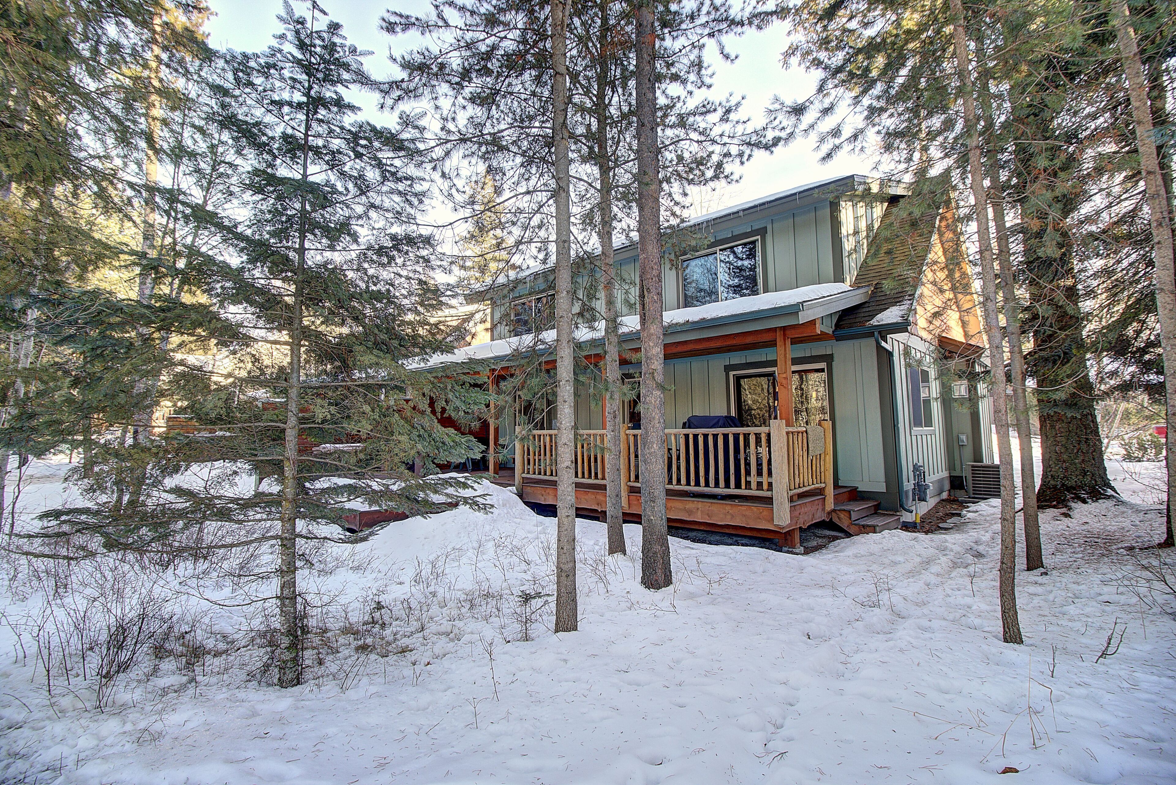 A cabin surrounded by tall pine trees in a snowy landscape.