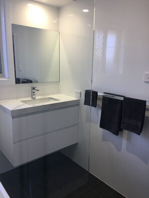 Ein modernes Badezimmer mit einer Duschkabine aus Glas, einem weißen Waschbecken mit Spiegel darüber und zwei schwarzen Handtüchern, die an der Wand hängen.