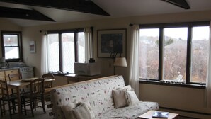 A living room with a sofa, a dining table with chairs, a kitchen area with appliances, and large windows with a view of buildings.