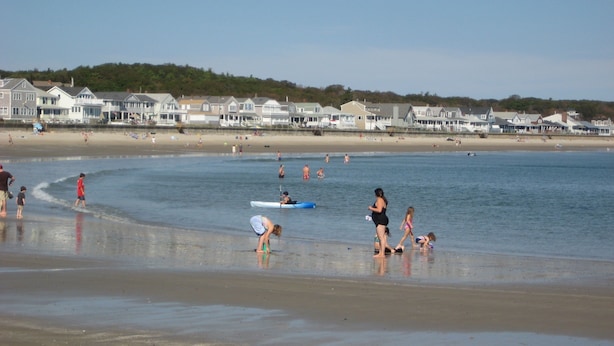 A beach with houses in the background and people engaging in various activities.