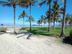 On the beach, sun-loungers