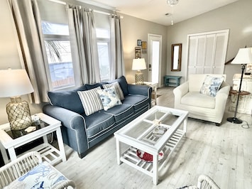 201 at Ocean Inn has been recently painted in soft relaxing tones. While "compact" at just over 600sf, it offers enough space for 6 sleepers in two beds and a queen sleeper sofa.