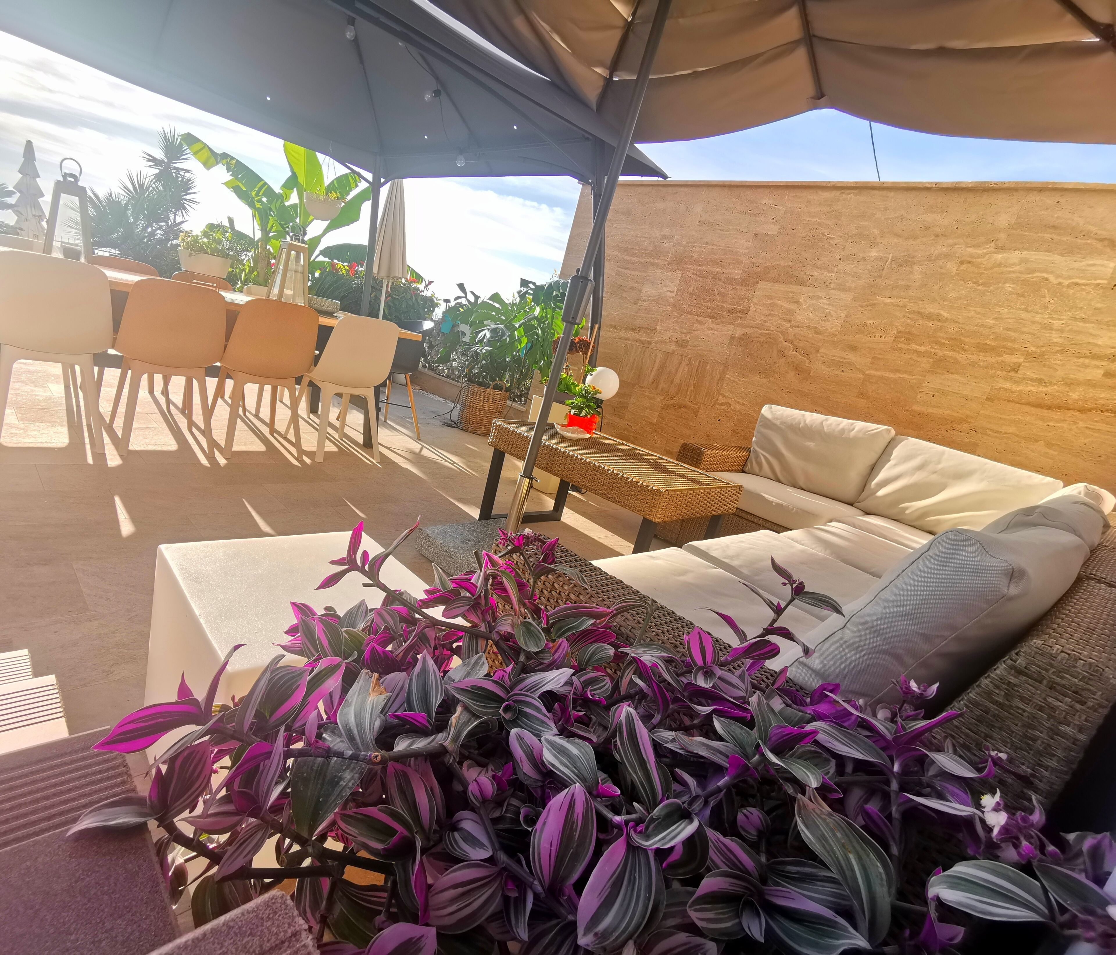 An outdoor seating area with a covered patio, wicker furniture, and potted plants.