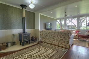 Fernseher, Kamin, DVD-Player, Bücher