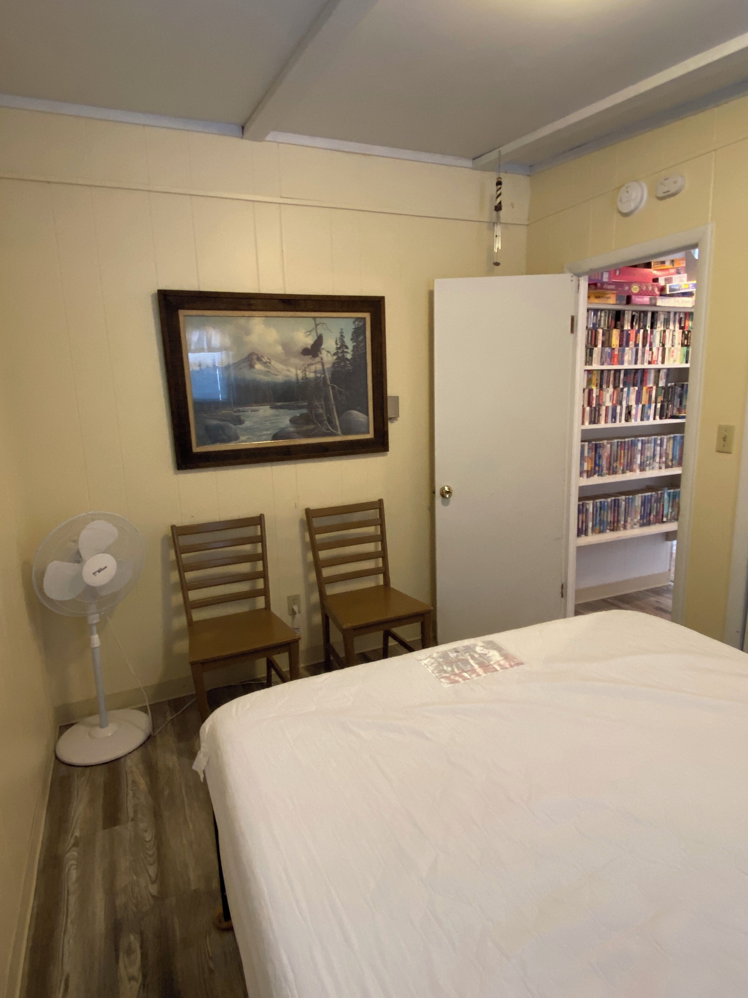 Een slaapkamer met een bed, twee stoelen, een ventilator, een boekenkast en een schilderij aan de muur.