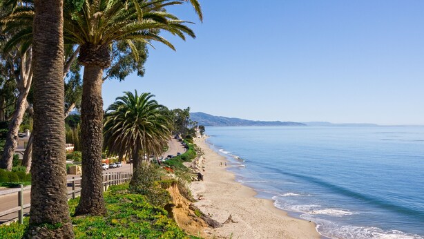 A beach with palm trees, a sandy shore, and a clear blue sky. - Seaside Cottage - Romantic Haven by the Beach (Montecito)
