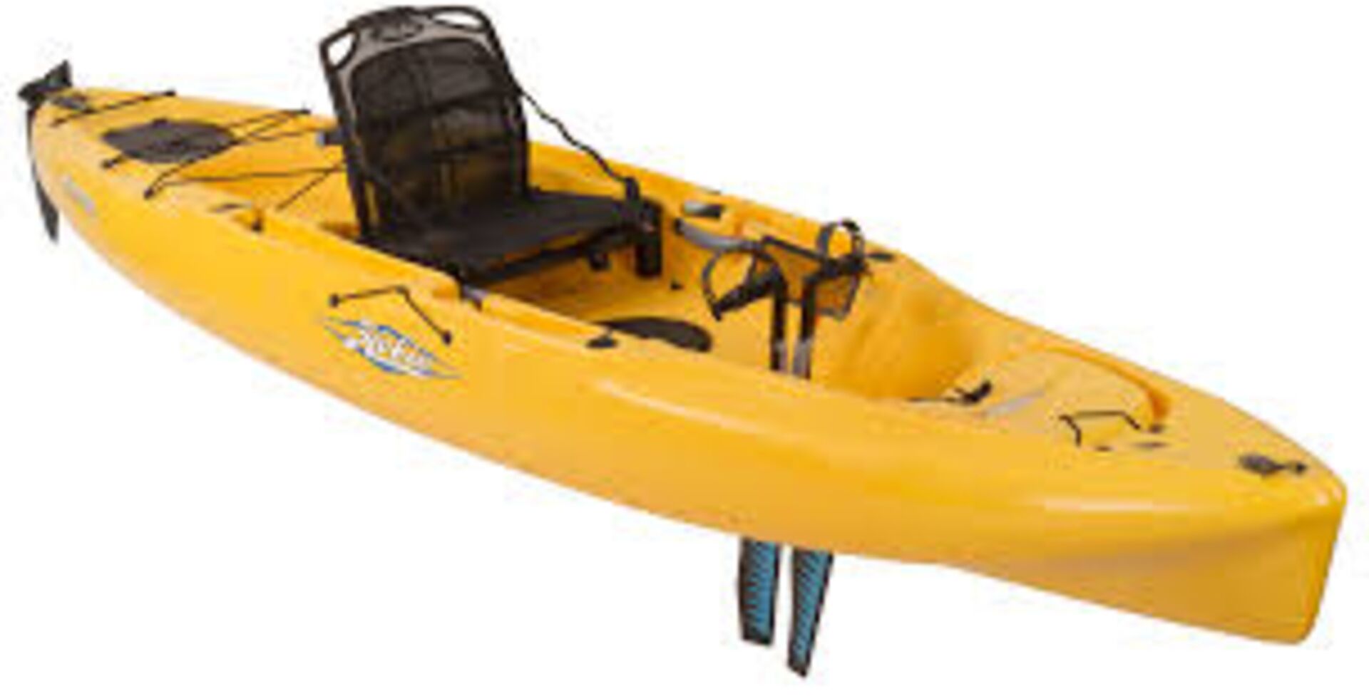A yellow kayak with a black seat and a storage bag.