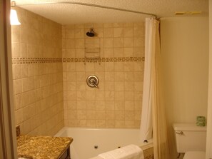 Combined shower/tub, jetted tub, hair dryer, towels