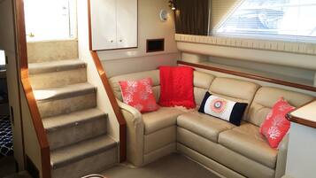 TV de tela plana, DVD player, livros, videoteca