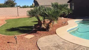 A backyard with a swimming pool, a well-maintained lawn, and a brick wall. - Desert Escape Vacation Rental (Chandler)