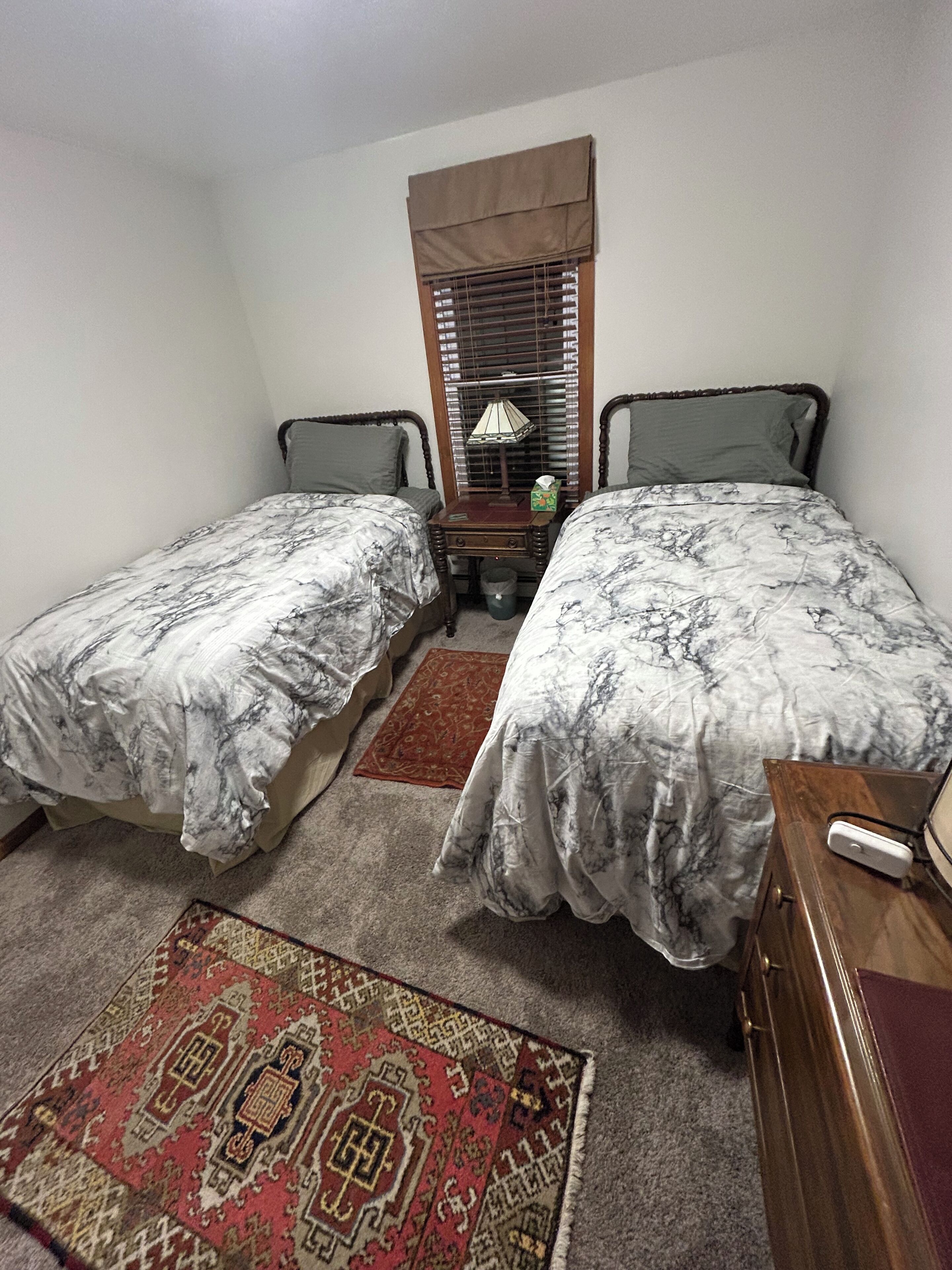 Un dormitorio con dos camas individuales, una mesita de noche, una lámpara, una ventana con persianas y una alfombra estampada.