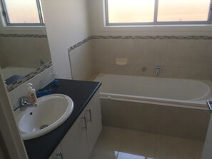 Combined shower/bathtub, hair dryer, toilet paper