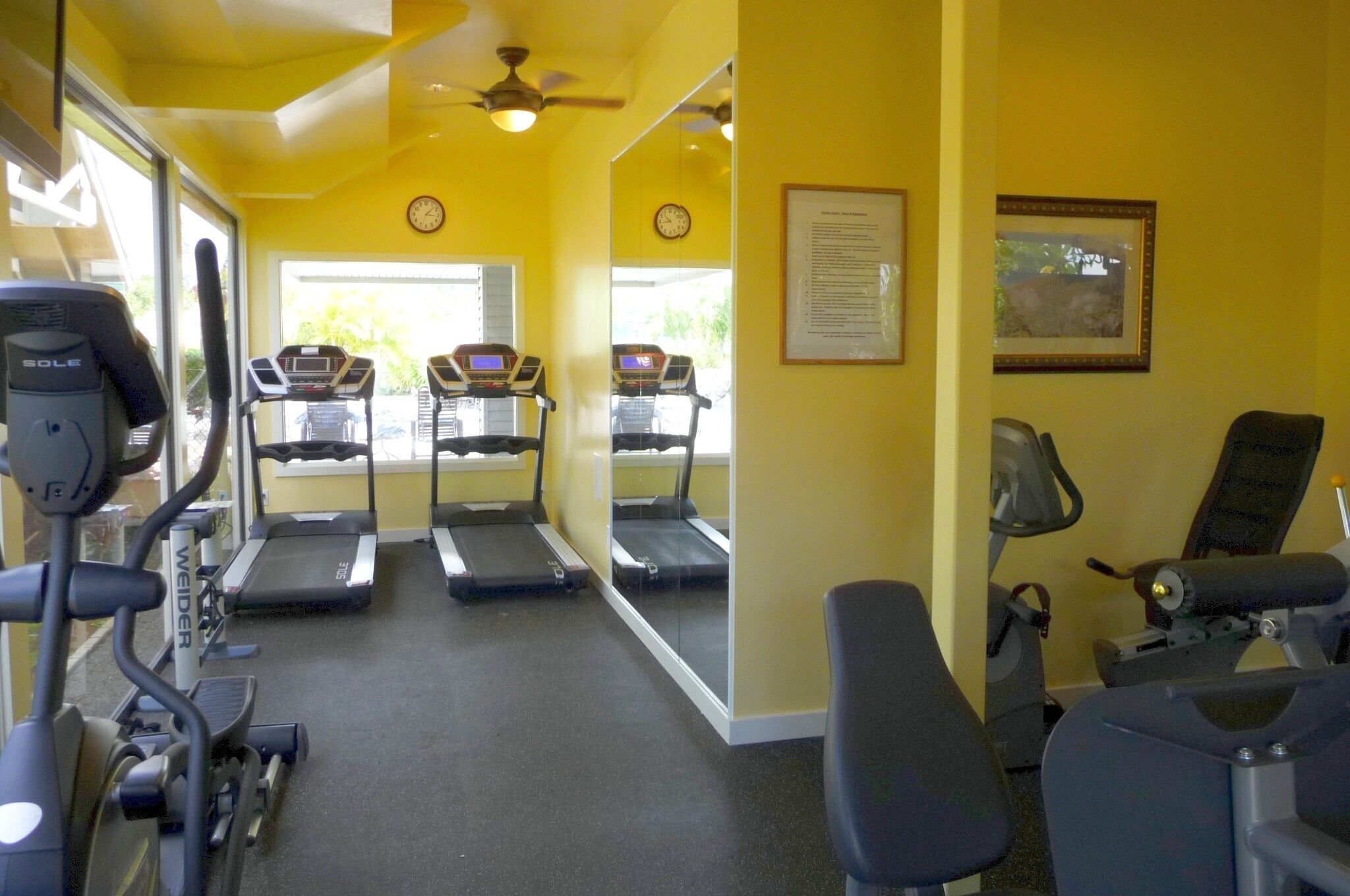 A gym with treadmills, stationary bikes, and weight machines.