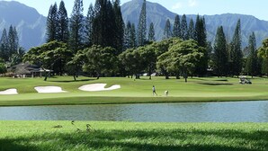 A golf course with a lake, trees, and mountains in the background. - Prime Oceanfront End Unit--View--Family-friendly Cliffs Resort at Bargain Rates (Princeville)