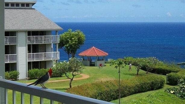 A view of a building with a balcony overlooking a grassy area and the ocean. - Prime Oceanfront End Unit--View--Family-friendly Cliffs Resort at Bargain Rates (Princeville)
