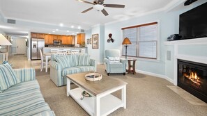 LCD TV, fireplace, DVD player, video library