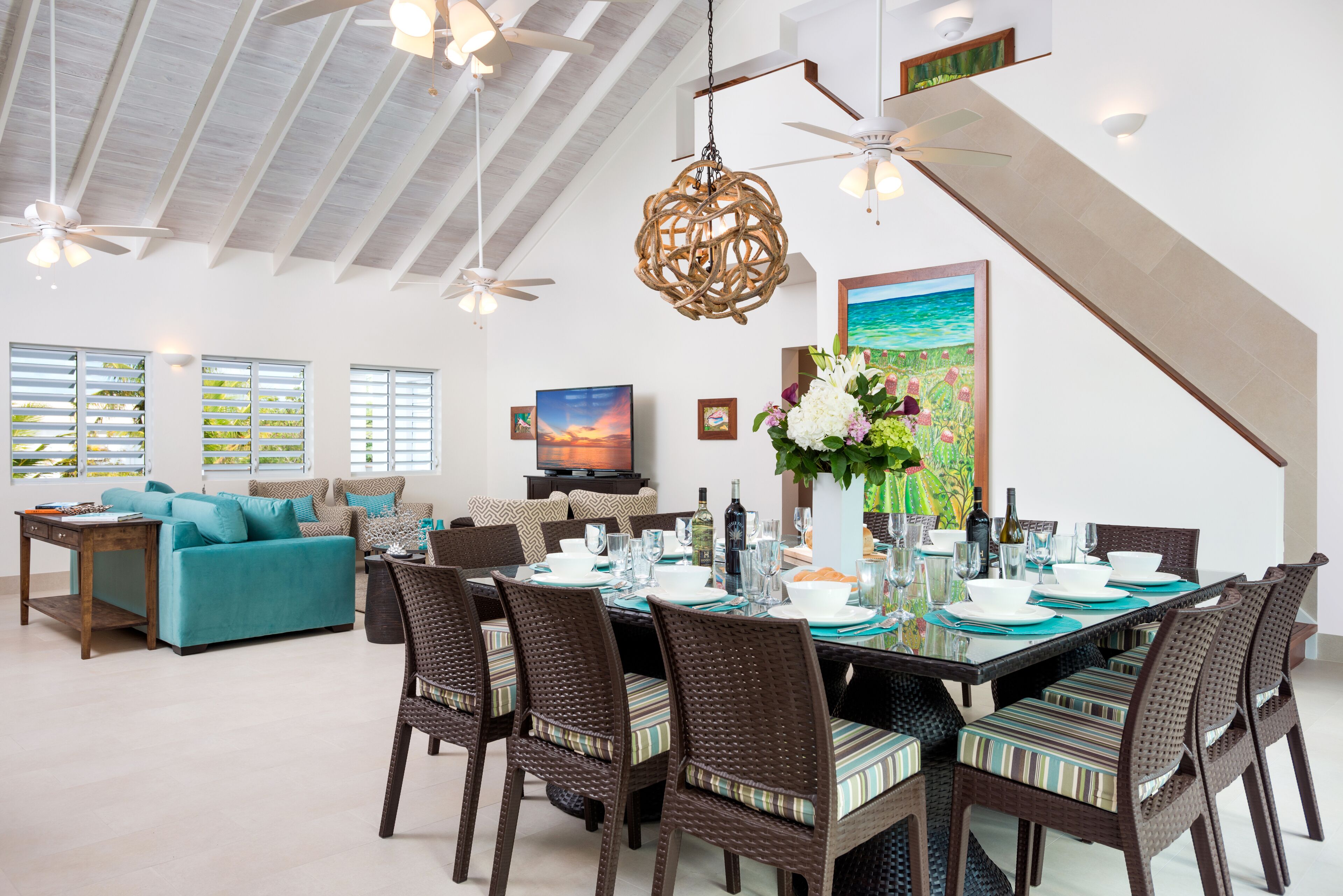 Open concept dining & living areas in the 18-foot cathedral ceiling Great Room