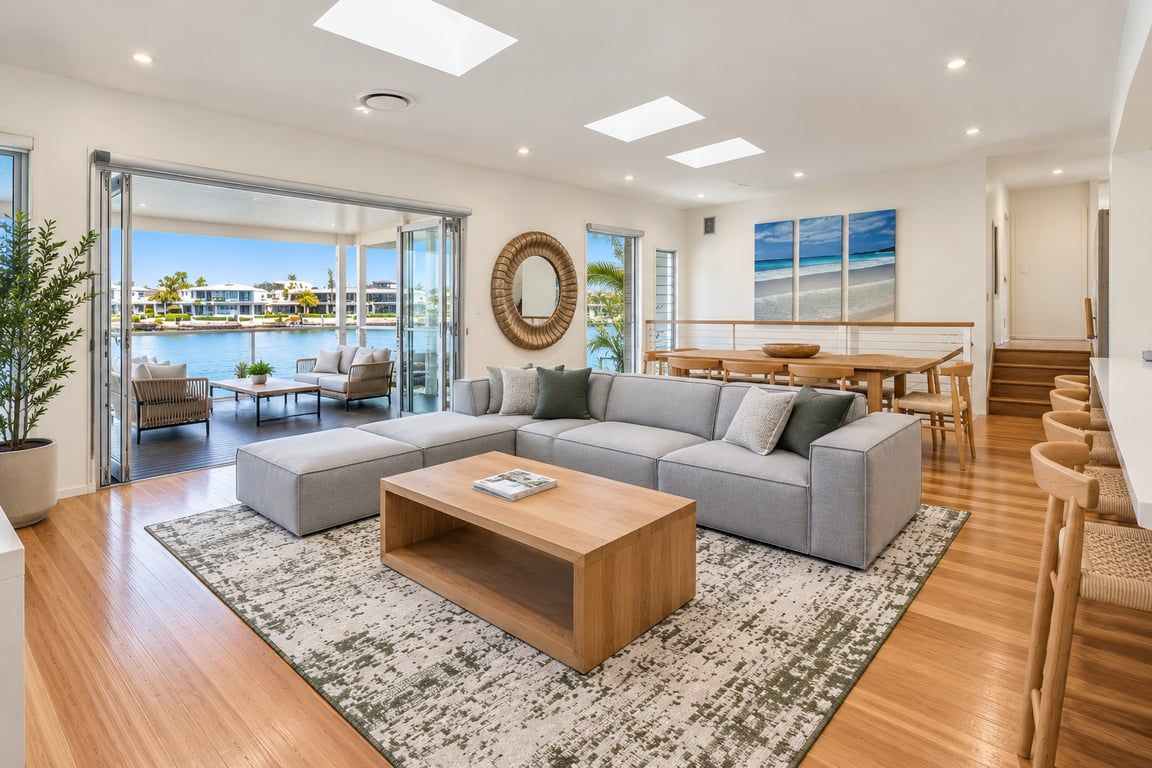 A modern living room with a large sectional sofa, a wooden coffee table, and a view of the sea through large glass doors.