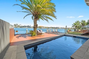 A swimming pool with a palm tree and lounge chairs, overlooking a body of water and buildings.