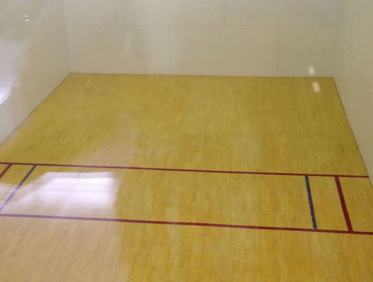 A squash court with a wooden floor and red boundary lines.