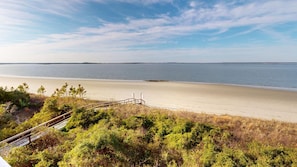 A beach with a wooden walkway leading to the shore, surrounded by dense greenery.