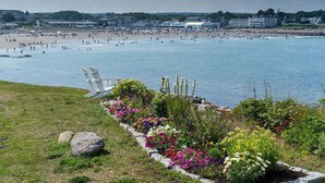 En strand med en stol och blommor i förgrunden, och en stor byggnad i bakgrunden.