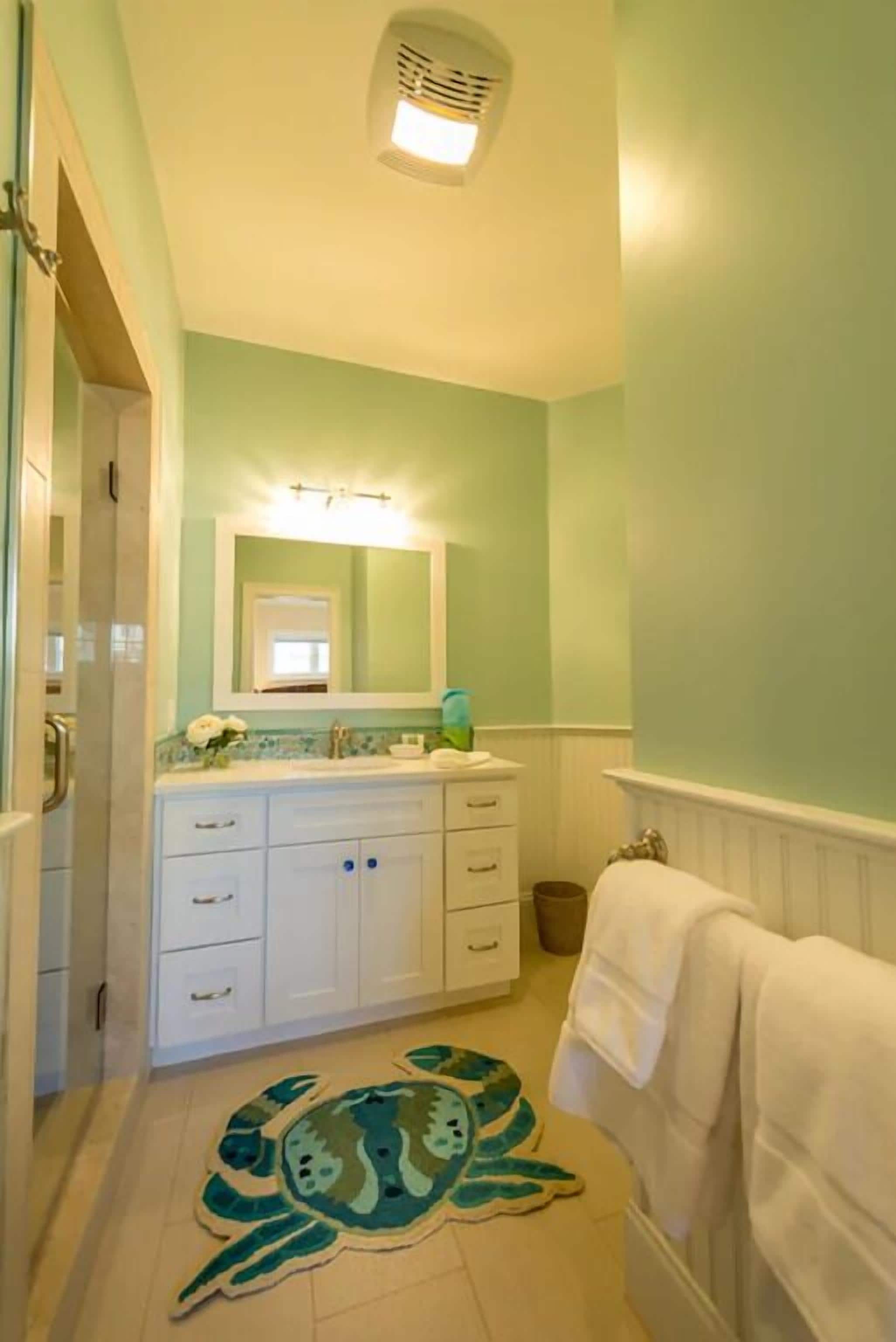 A bathroom with teal walls, a white vanity, a mirror, and a turtle-themed rug.