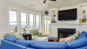 Smart TV, chimenea, reproductor de DVD y libros