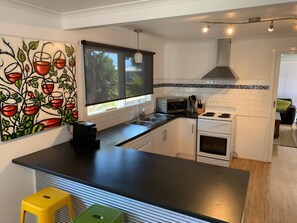 Full-sized fridge, microwave, oven, stovetop