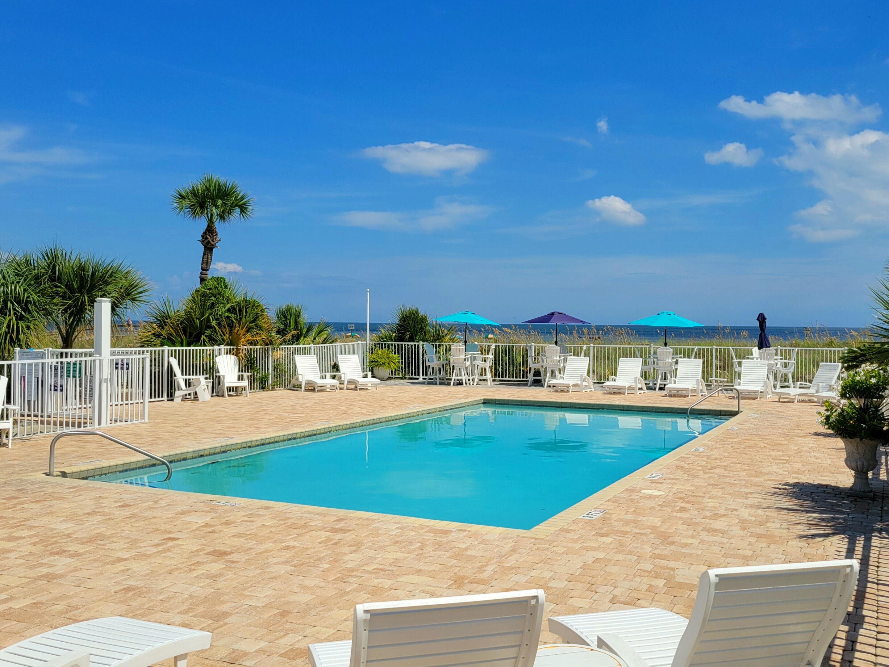 A pool area with white lounge chairs and umbrellas, surrounded by a white fence and palm trees.