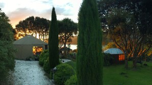 A garden with a gazebo, a small house, and a large tree.