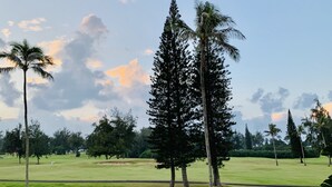 Een golfbaan met een grote boom op de voorgrond en een heldere lucht met wolken.