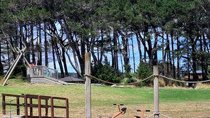 A playground with exercise equipment, a wooden bench, and a rope barrier. - Seabury Lookout – Elevated Bach Living with Expansive Outlooks (Foxton Beach)