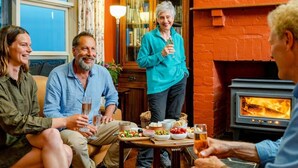 A cozy living room with a fireplace, a dining table with food and drinks, and a bookshelf in the background. - Deep Creek Homestead (Deep Creek National Park)