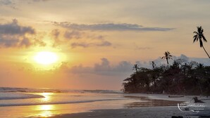 A beach with palm trees and the sun setting over the ocean. - Casa La Colina Oceanview Villa Santa Teresa Beach (Santa Teresa Beach)