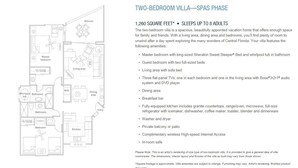 Distribución de una villa de dos dormitorios, con dormitorio principal, habitación de invitados, sala de estar, comedor, cocina y balcón.