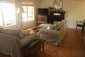 Televisio, takka, DVD-soitin, pöytätennispöytä