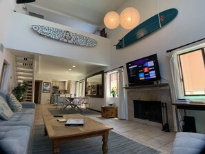 Smart TV, fireplace, DVD player, foosball