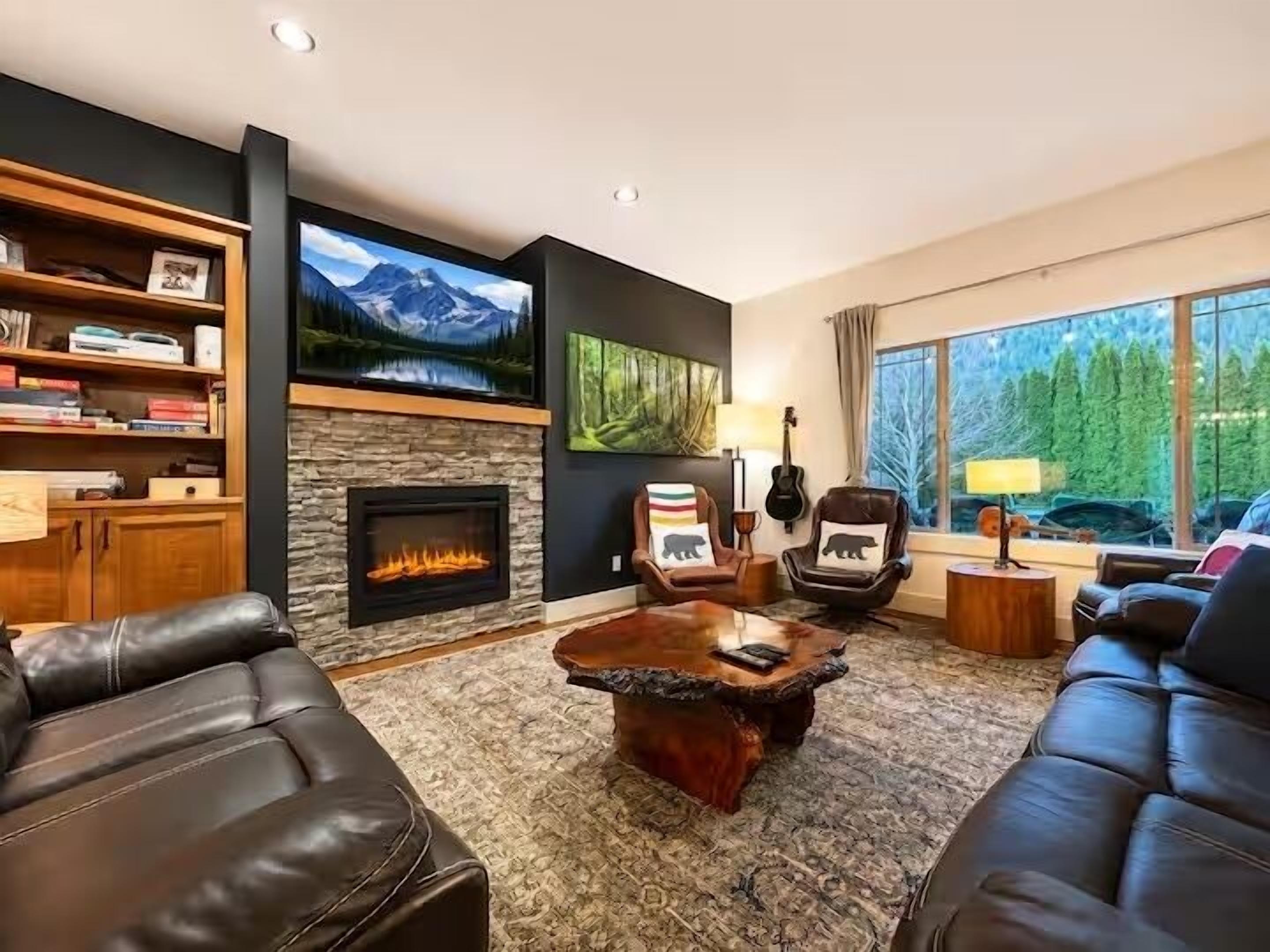 Smart TV, fireplace, video games, stereo
