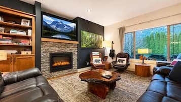 Smart TV, fireplace, video games, stereo