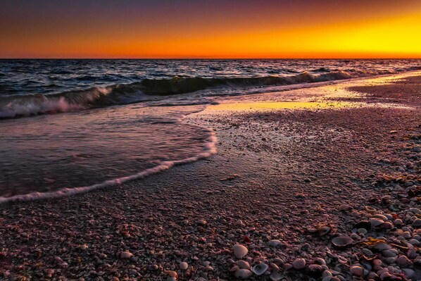 On the beach, sun loungers, beach towels