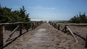Una pasarela de madera que conduce a una playa con una vista despejada del océano.