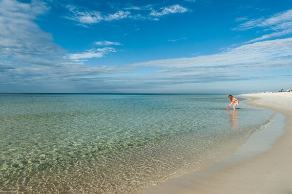 On the beach, sun loungers